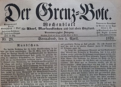 Titelblatt des "Grenz-Boten" vom 5. April 1879