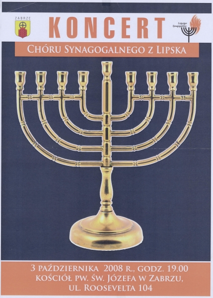Plakat zur Ankündigung eines Konzerts des Leipziger Synagogalchores in Zabrze am 3.10.2008.